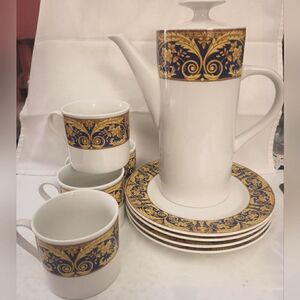 Vtg. Mint Lynns Fine China Valetta Blue Coffeepot,4 Dessert Plates,4 Coffee Cups